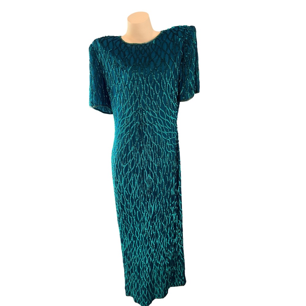 Laurence Kazar Mermaidcore Teal Silk Beaded Sequin Maxi Gown Dress Large